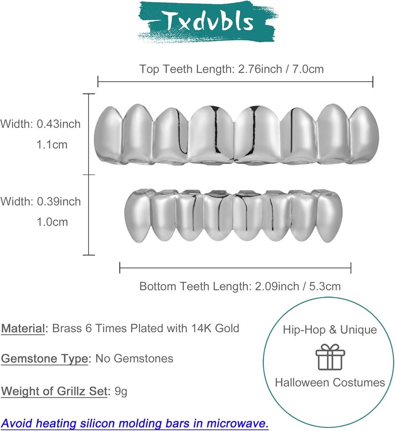 Txdvbls Store Grillz - Gold & Silver 6/8 Teeth Top & Bottom Grillz Set for Men and Women, 14K Gold Plated Teeth Caps for Halloween Costume Accessories - Image 2